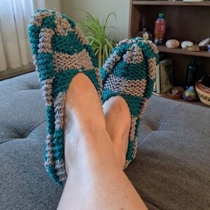 Handmade Knitted Acrylic Yarn Slippers Pantouffles Turquoise Grey